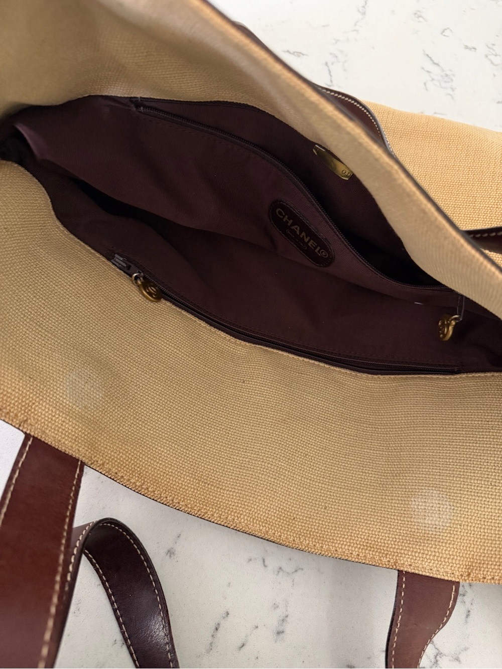 Chanel Summer Raffia Woven & Leather Tote Bag Tan Dark Brown Vintage Large - Picture 14 of 15